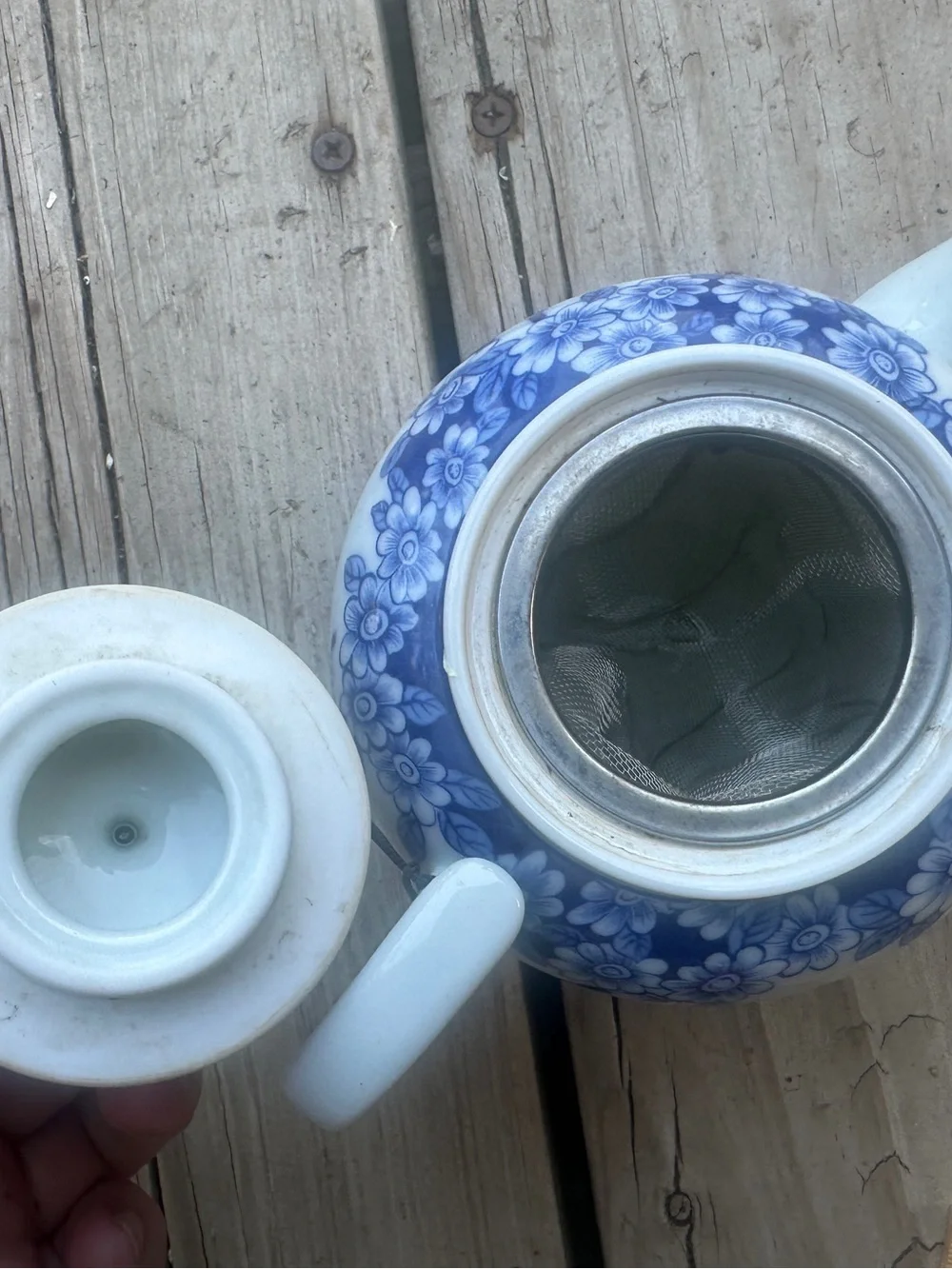Blue and white floral teapot with butterfly design